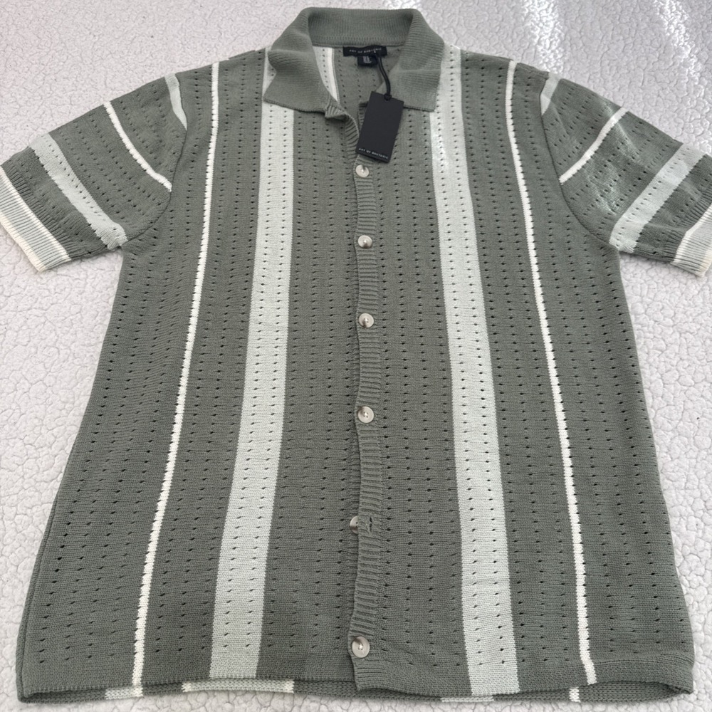 Art Of Rhetoric Mens Medium Button Down Woven Short Sleeve knit pinstriped green